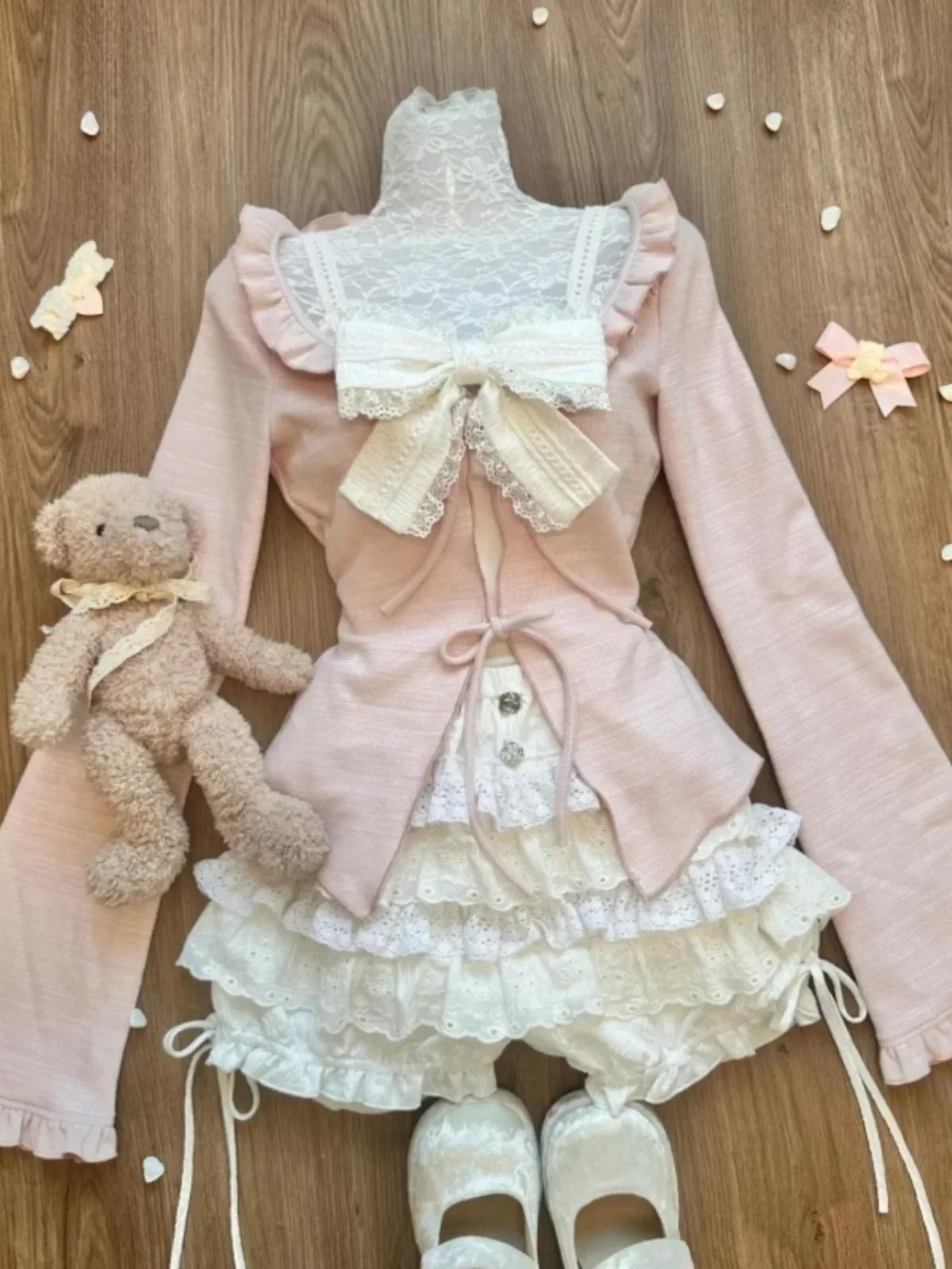 Winter Sweet Pink Three Piece Set Women Pink Coat +High Waist Cake Skirt +Bow Vest Top Female korean Lolita Kawaii Suit 2024