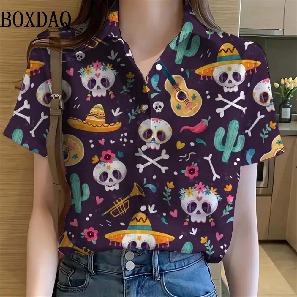 Cartoon Sugar Skull Mexican Day of the Dead Womens Shirts 3D Printed Tops Short Sleeve Button Shirt Summer y2k Women's Clothes