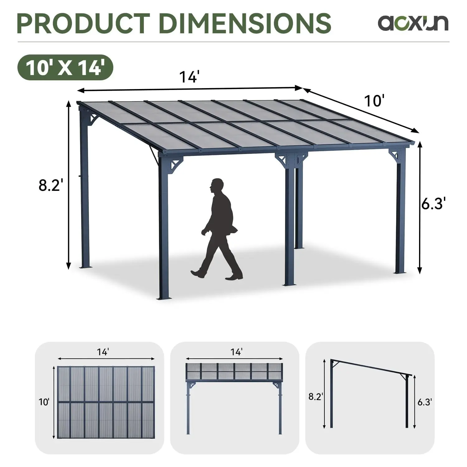 14x10ft Aluminum Polycarbonate Gazebo with Sloped Roof, Outdoor Patio Lean to Pergola Awning for Backyard Porch Deck, Customized