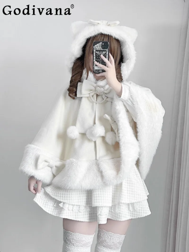 التصميم الأصلي الياباني الإنتاج الضخم الصوف الصوف الكرتون القط الأذن كيب الحلو لطيف فتاة لوليتا الخريف الشتاء معطف دافئ