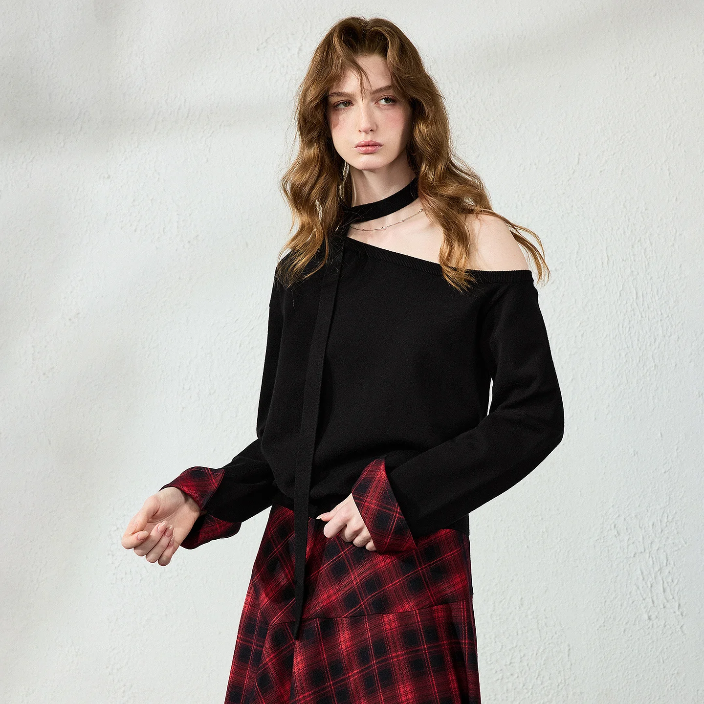 TOYOUTH Womens Knit Sweater 2026 Autumn New Ribbon Off Shoulder Spliced Plaid Black Light French Relaxed Fit Top