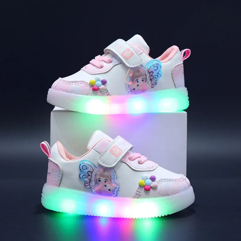 Spring New Children\'s Sports Shoes Leather Cartoon LED Illuminated Children\'s Sneakers Girls\' Casual Shoes 1-6 Years Old