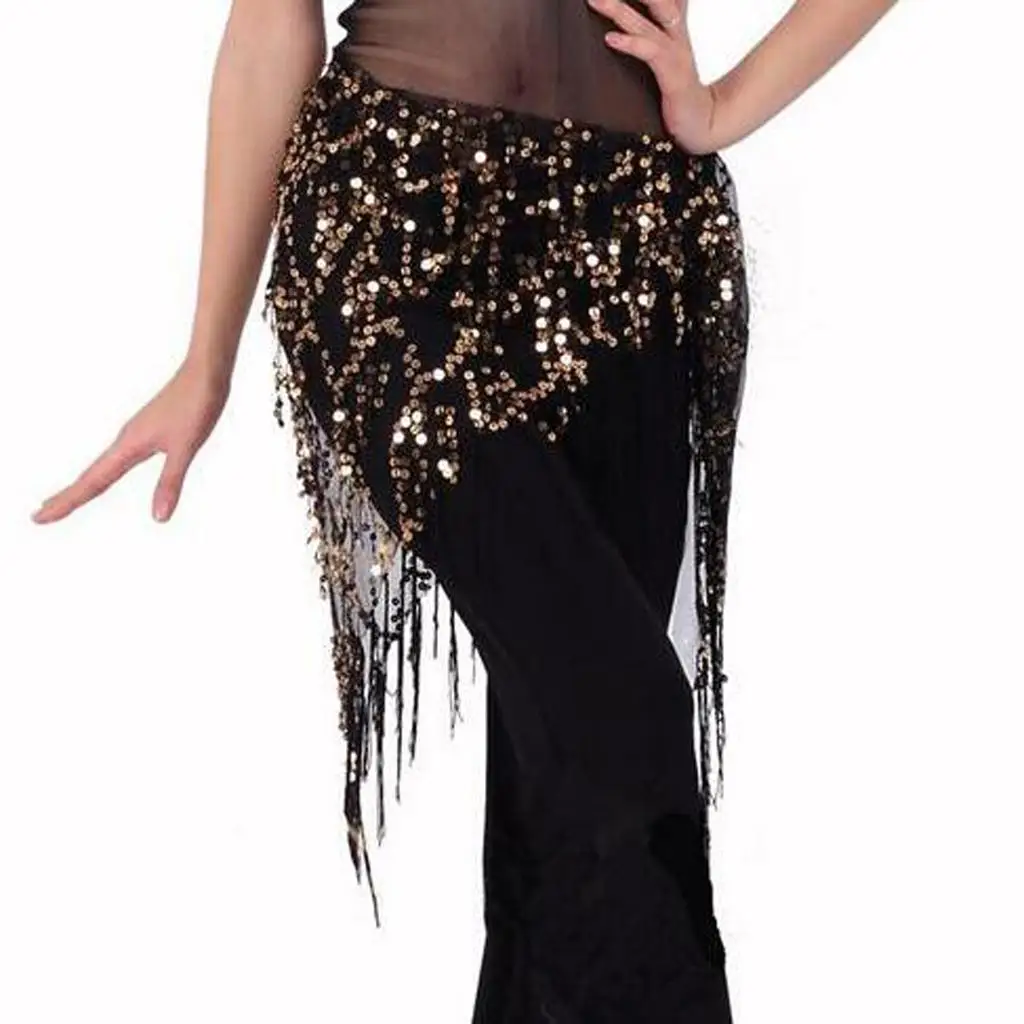 Belly Dance Practice Clothes Mesh Sequins Tassel Hip Scarf Skirt Wrap Belt Dress Accessory for Women’s Performance and Show