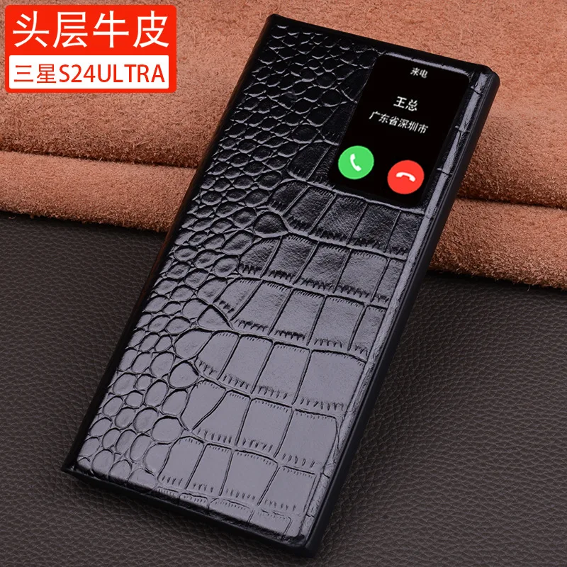 Luxury Genuine Leather Magnet Clasp Phone Window Cases For Samsung Galaxy S24 S23 S22 Ultra Kickstand Holster Cover Case