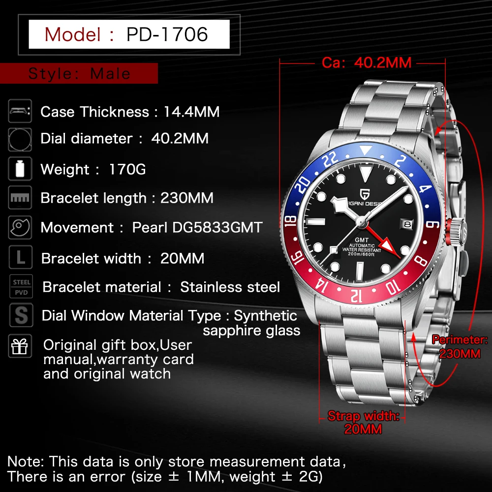 PAGANI DESIGN 40MM GMT Automatic Watch For Men Mechancial Wristwatches Sport Waterproof Top Luxury Watches Sapphire Reloj Hombre