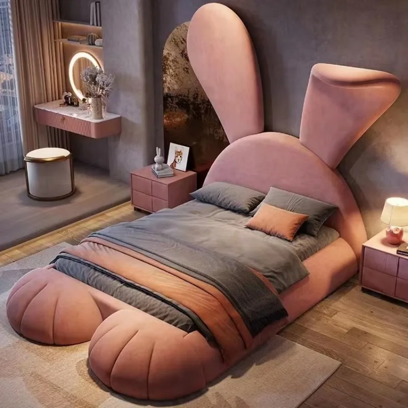 Luxury Pink Cartoon Rabbit Kids Princess Bed, Upholstered Solid Wood Frame Multi‑Functional Bed for Girls Bedroom Furniture