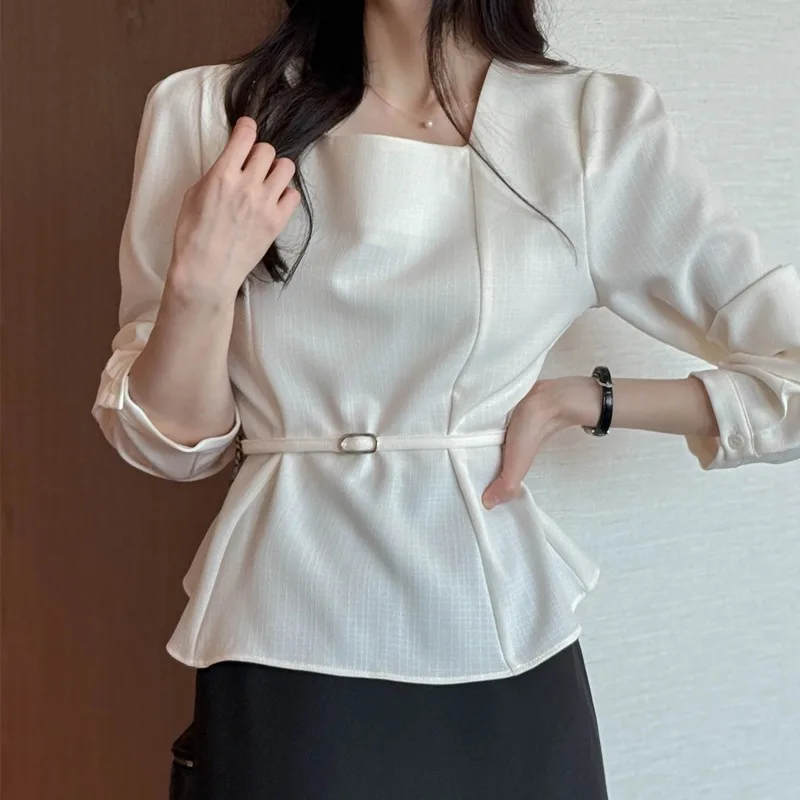 Elegant French Style Shirt Women's High Waist Bubble Sleeve Long Sleeve Top Waist Cinched Coarse Weave Square Collar Perfume ...