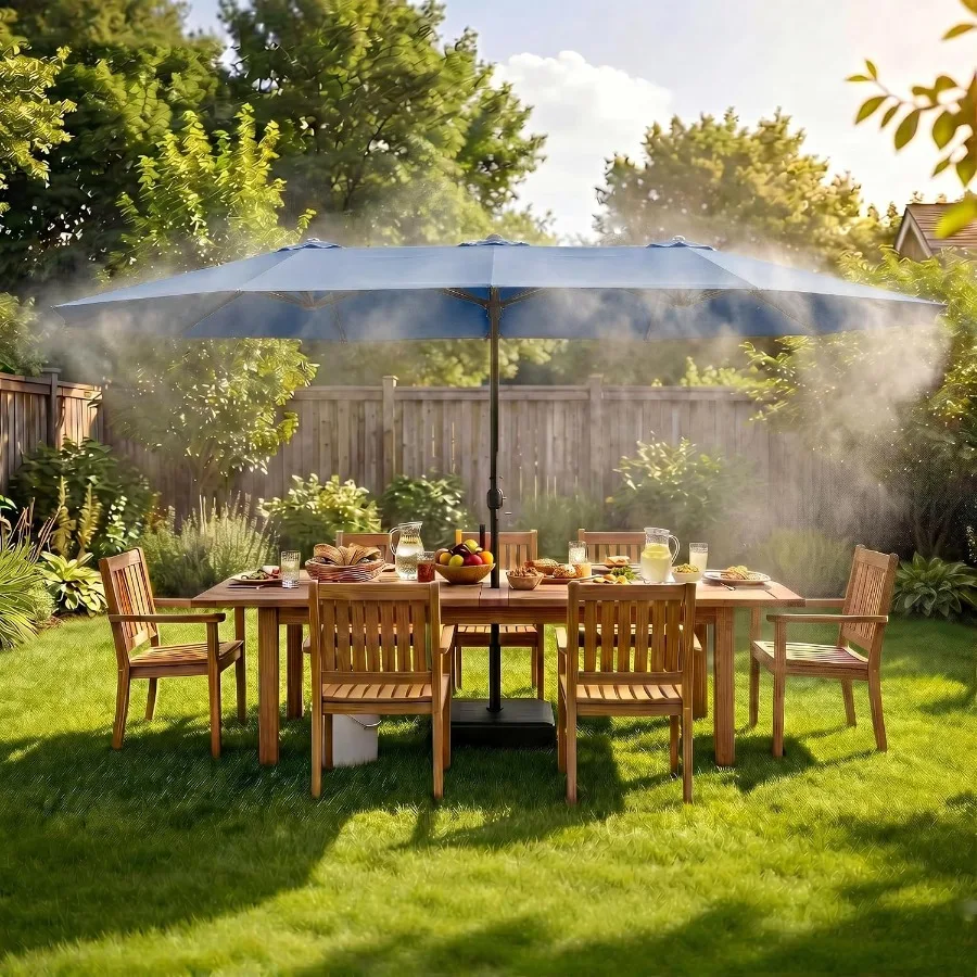15 Feet Patented Misting Patio Umbrella with Base, Outdoor Umbrella with Built-in Rechargeable Mist System