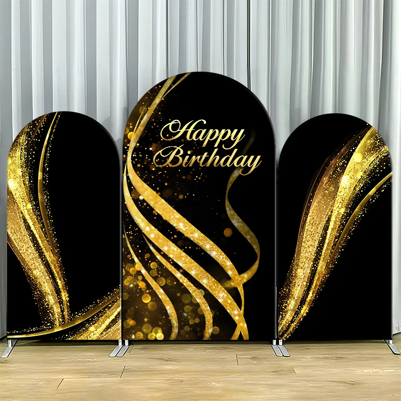 

Black Gold Glitter Happy Birthday Arch Backdrop Cover Luxury Party Decor Photo Booth Background Celebration Supplies