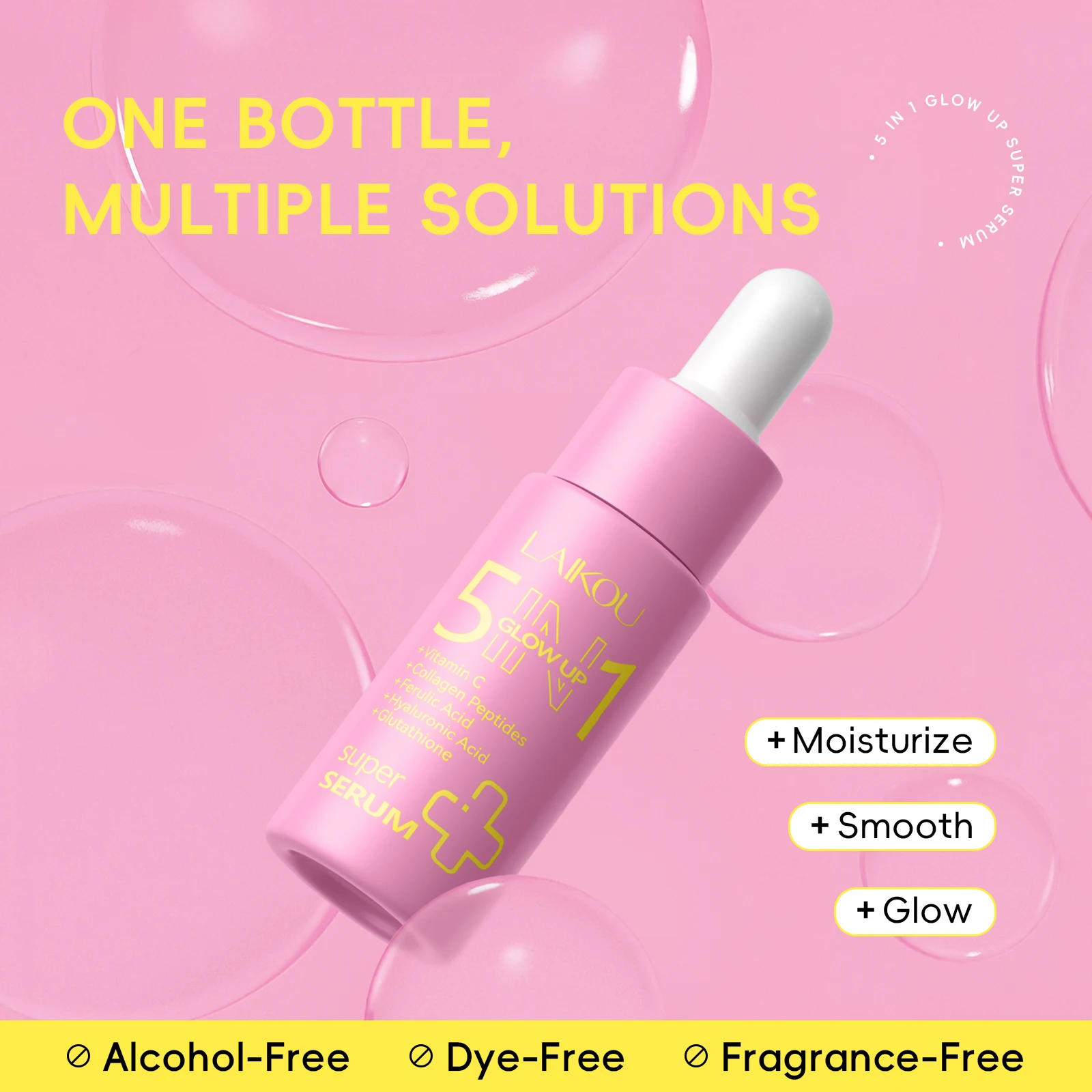 LAIKOU 5 EM 1 Glow Up Super Sérum Facial 17ml, Hidratação Duradoura para Pele Macia, Firme e Radiante com Vitamina C, Colágeno e Ácido Hialurônico