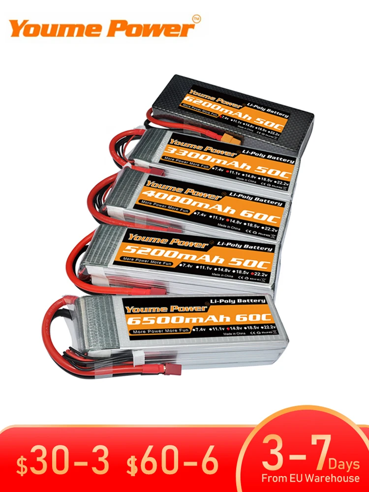 Youme 2S 3S 4S 6S RC Lipo Akku 7.4V 11.1V 14.8V 22.2V 3300mAh 4500mAh 5200mAh 6200mAh 6500mAh T XT60 Hartschalen-RC-Teile