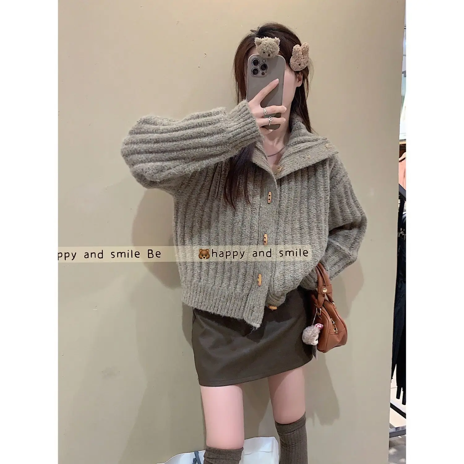 Chifre botão camisola jaqueta para mulher para o outono coreano novo macio glutinoso grosso gola solta manga longa malha topo