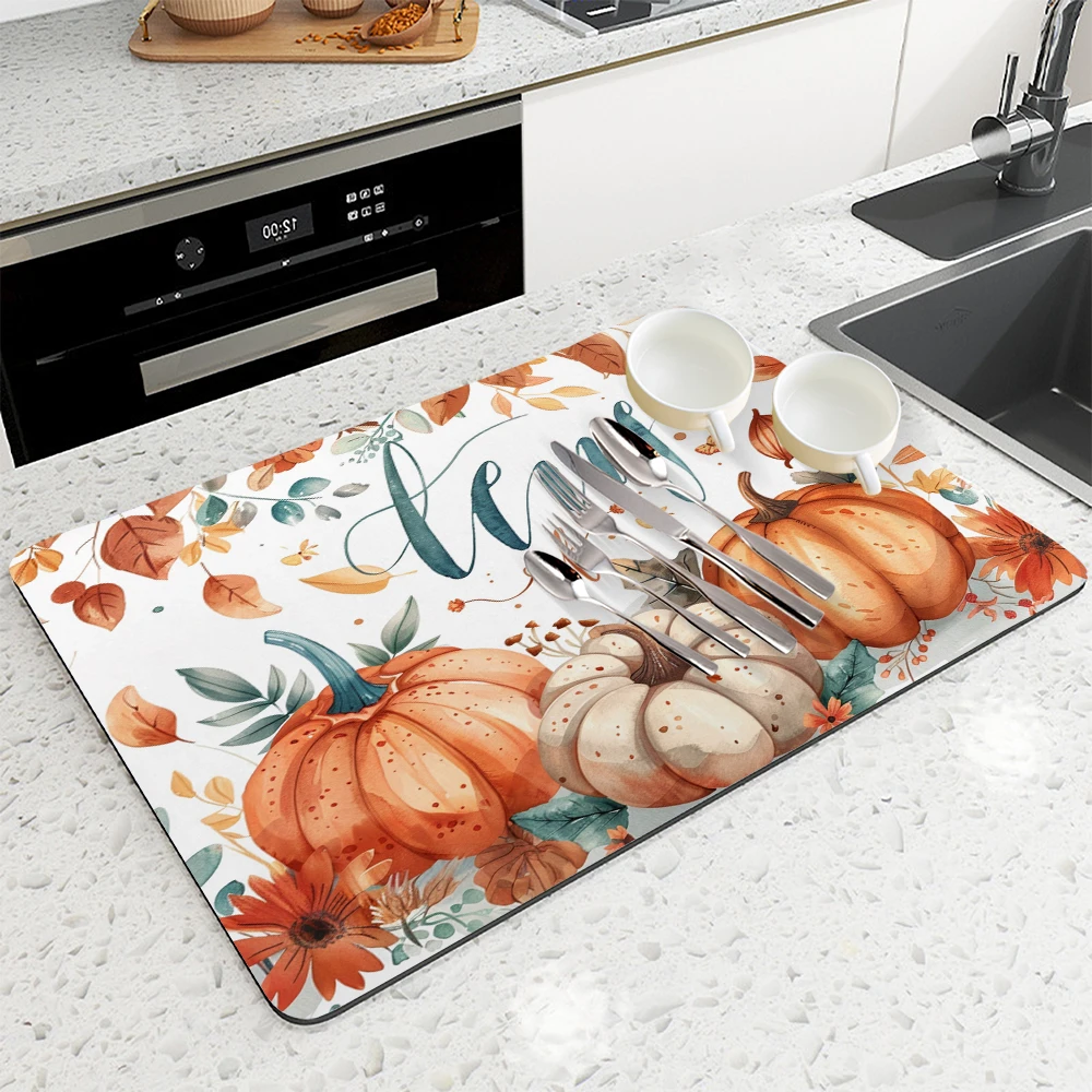Absorbent Anti-slip Coffee Dish Mats Autumn Pumpkin Large Kitchen Absorbent Draining Mat Drying Mat Quick Dry Bathroom Drain Pad