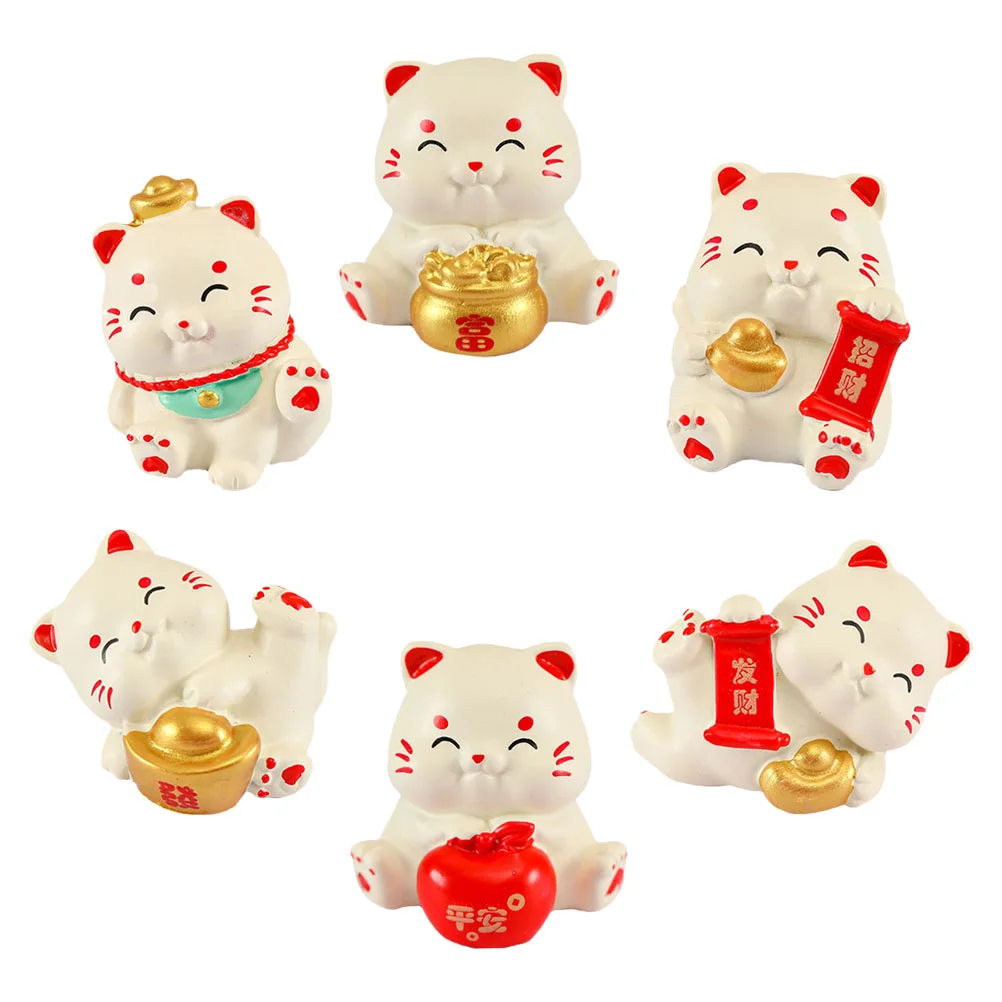 6 Pcs Miniature Lucky Cat Animal Figurine Cute Fortune Miniatures Resin Garden Tiny Statues