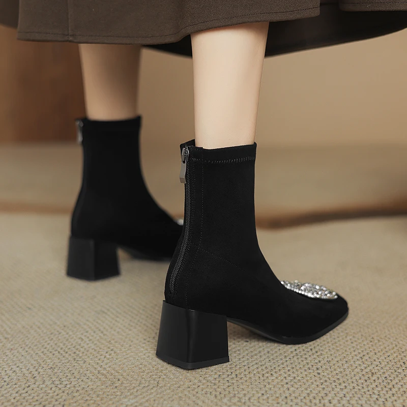 Woman Sock Ankle Boots Fashion Elegant Rhinestone Shoes Autumn Winter High Heels Back Zipper Women's Flock Stretch Short Booties