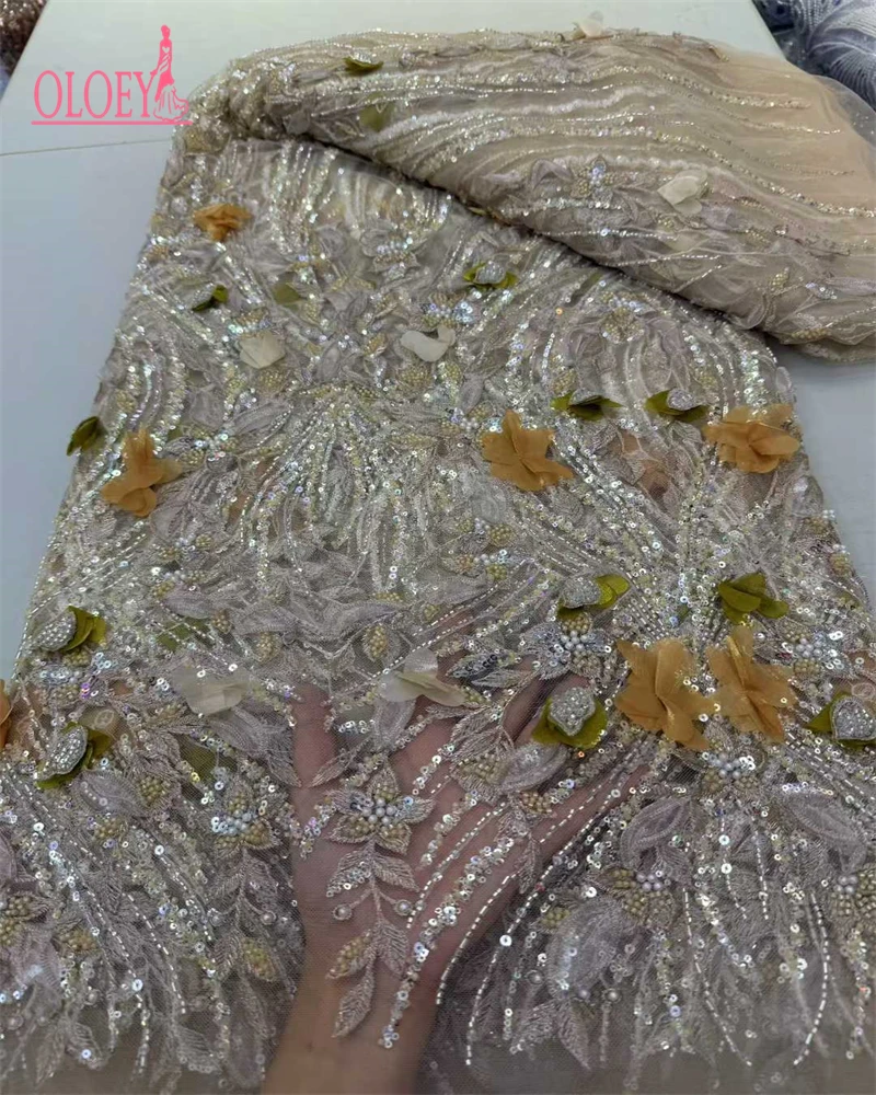 OLOEY 아프리카 레이스 원단 2025 스팽글 비즈 자수 신랑 나이지리아 신부용 고품질 프랑스 튤 레이스 원단 웨딩용