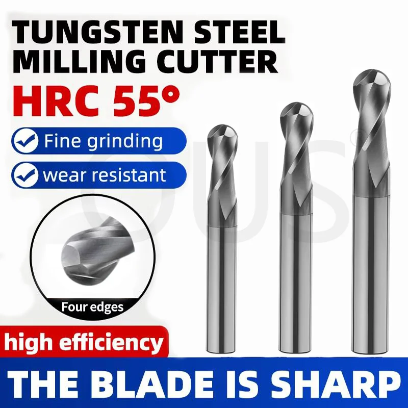 HRC55 Carbide Tungsten Steel Ball Nose End Mill 2 Flute CNC Milling Cutter for Metal R0.75 R1 6mm 8mm 10mm High Hardness Tools