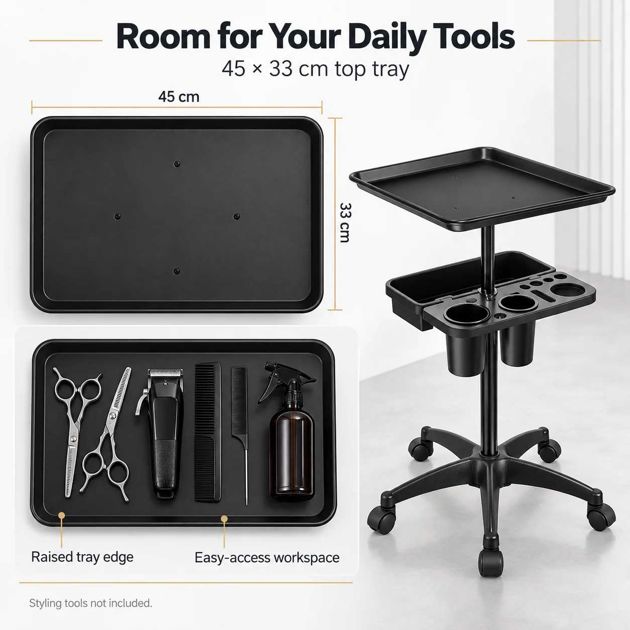 Metal Salon Tray Cart on Wheels, Mobile Trolley with Storage, Adjustable Height for Hairstylist, Tattoo & Spa Pros