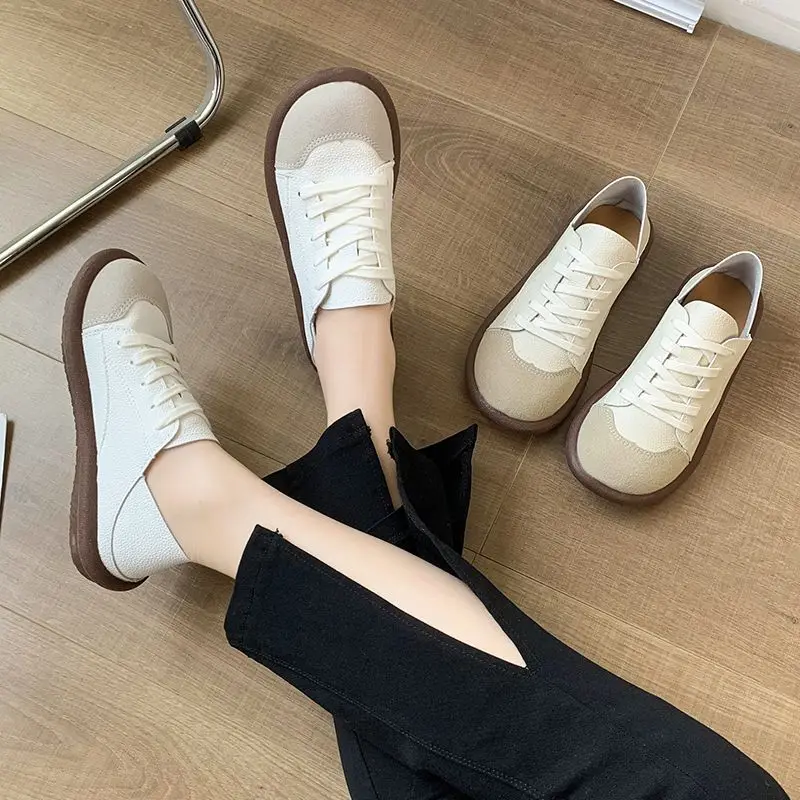 Wide Toe Sneakers Shoes Women\'s Lace Up Sneaker Girls Harajuku Half Slipper Sneakers Woman Faux Leather Mules Vulcanized Sneaker