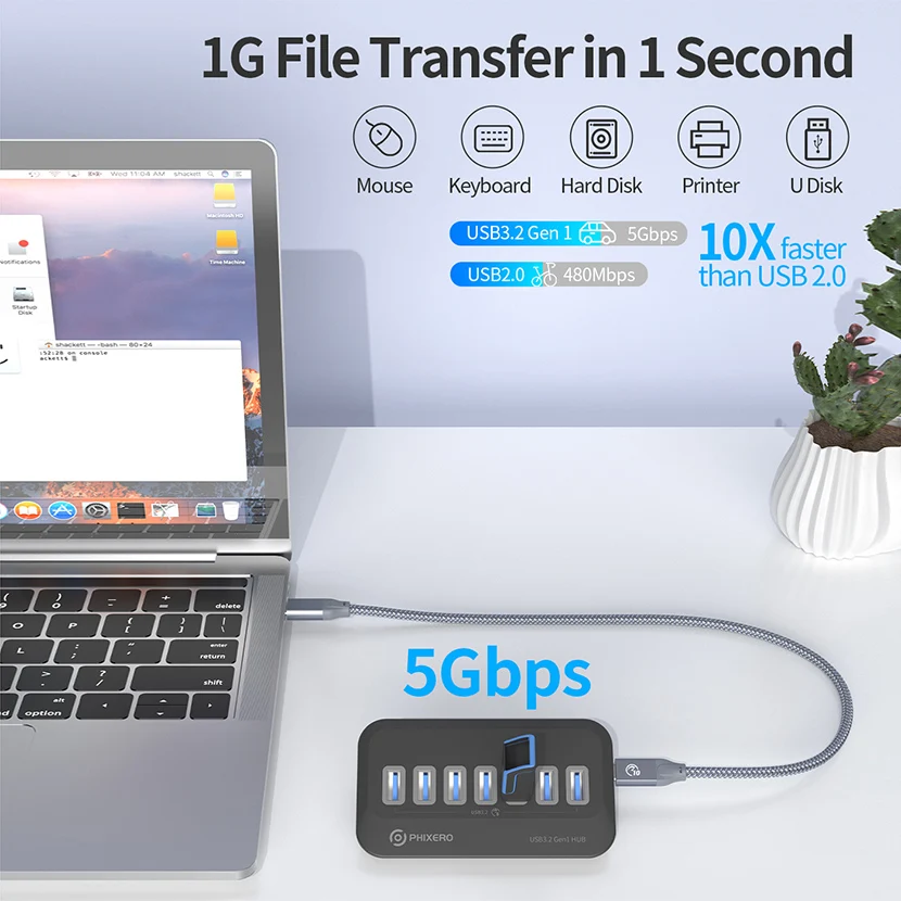 PHIXERO-Répartiteur de concentrateur USB 3.2, adaptateur de type C à plusieurs ports, commutateur multi-prises S6 3.0 avec lecteur de carte TF Micro SD pour PC Macbook