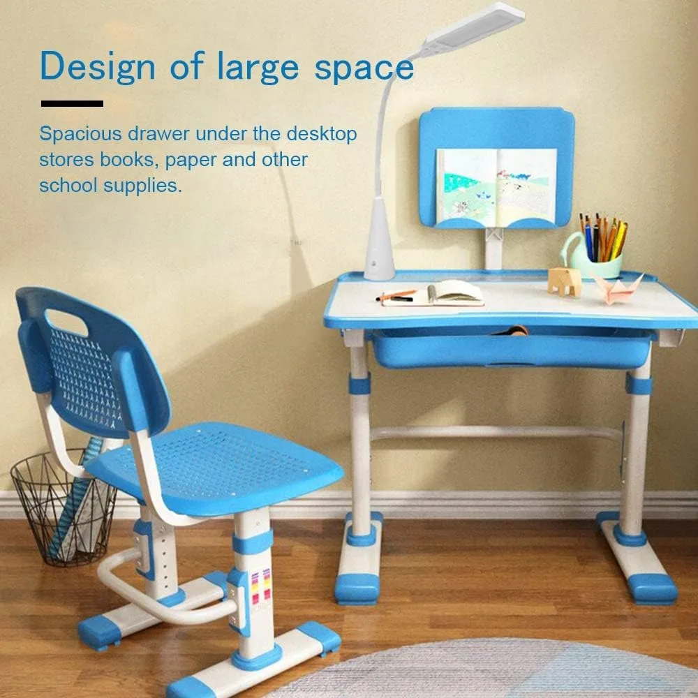 Kids Desk and Chair Set, Height Adjustable Children School Study Desk with Tilt Desktop, Bookstand, LED Lamp, Metal Hook