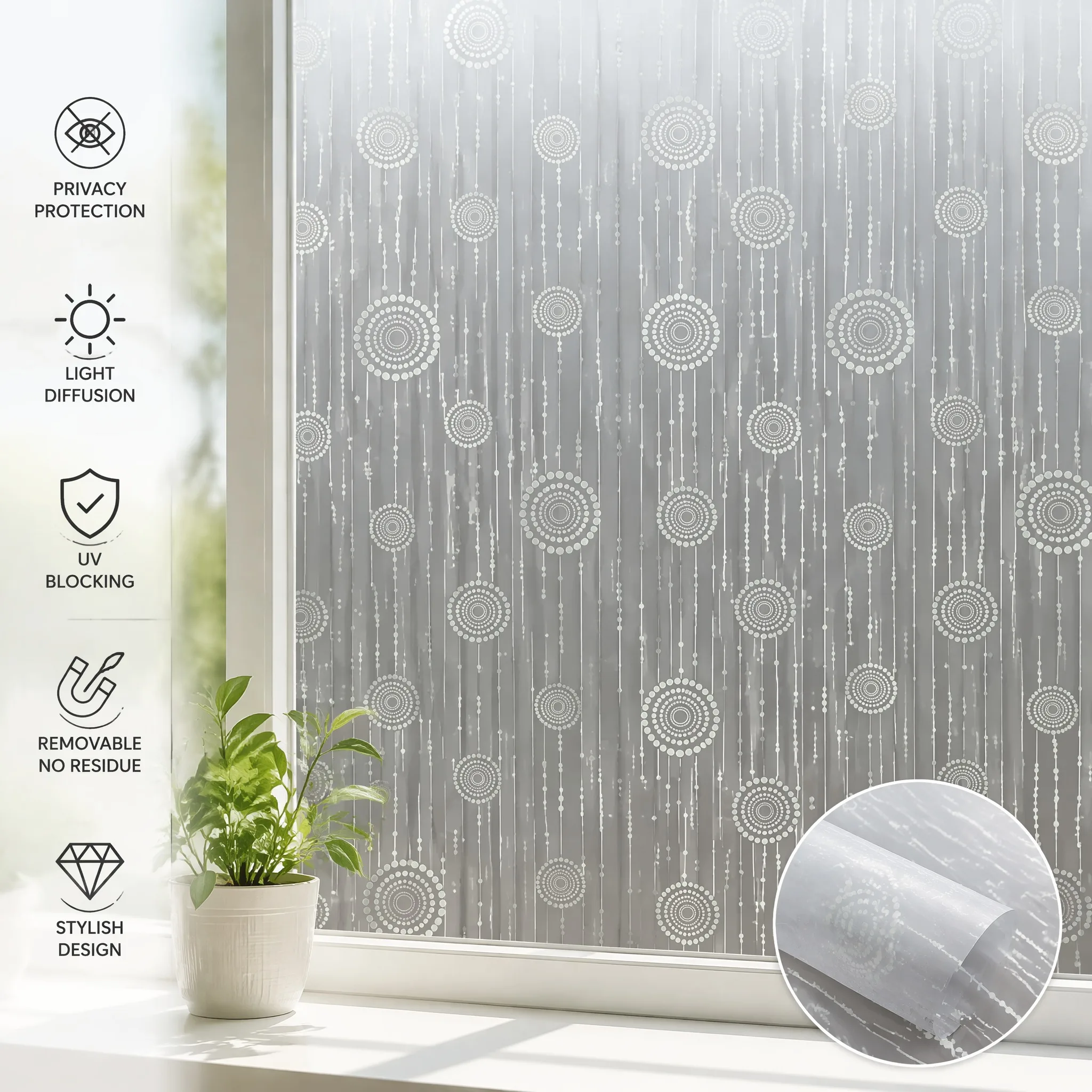 Minimalist Grey Frosted Geometric Privacy Window Film White Circle Dot Design Built-in Adhesive Soft Light Filter Cuttable