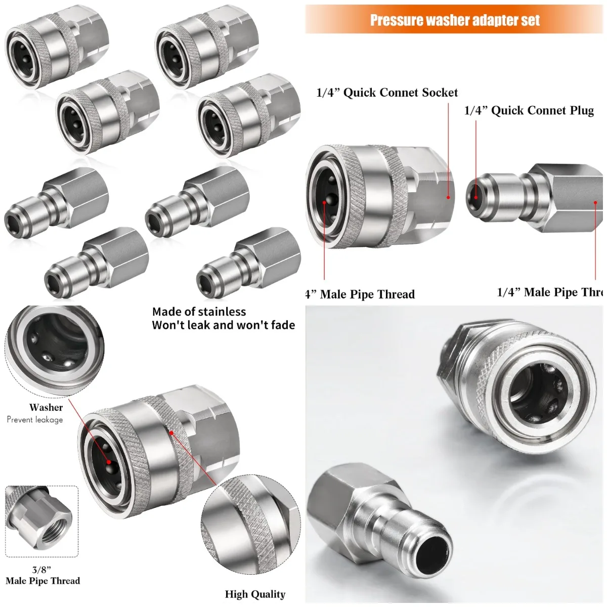 

4 Sets 1/4' NPT Male Female Quick Connect Fittings for Pressure Washer (Internal Thread)