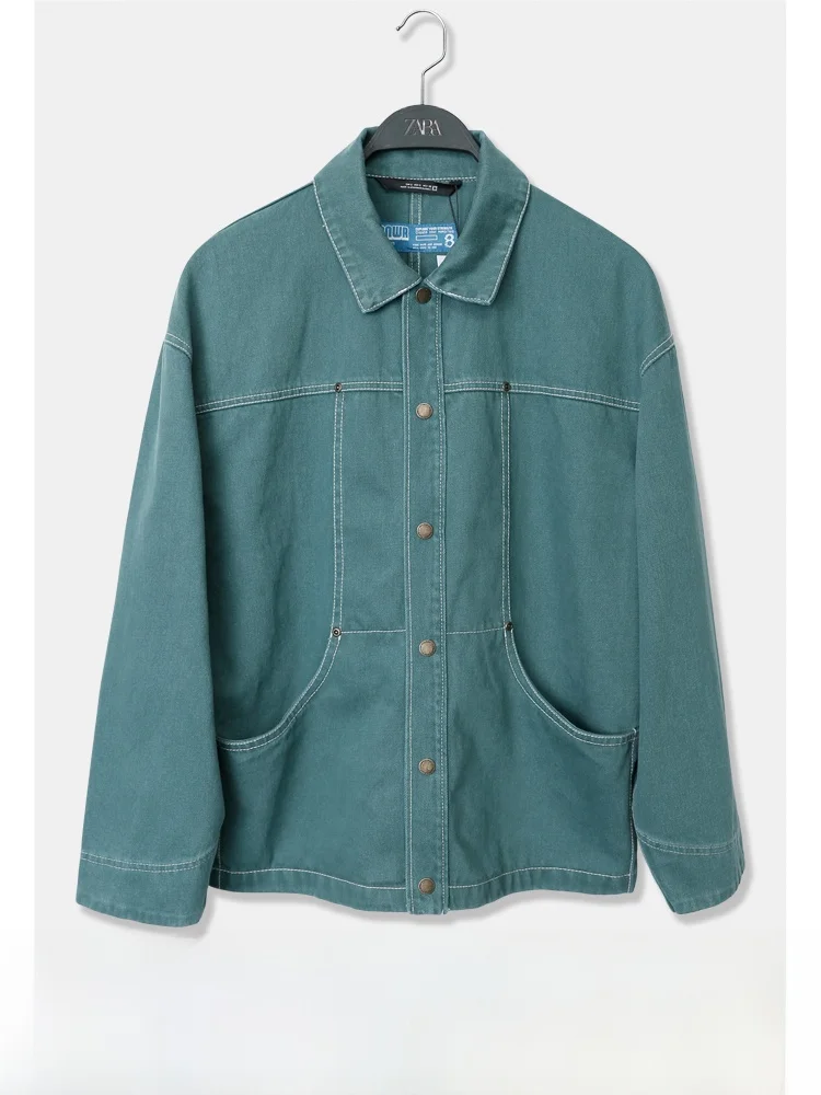 

Мужская свободная куртка с длинным рукавом и воротником, с контрастной строчкой, из 100% хлопка, осенняя новинка, универсальная верхняя одежда