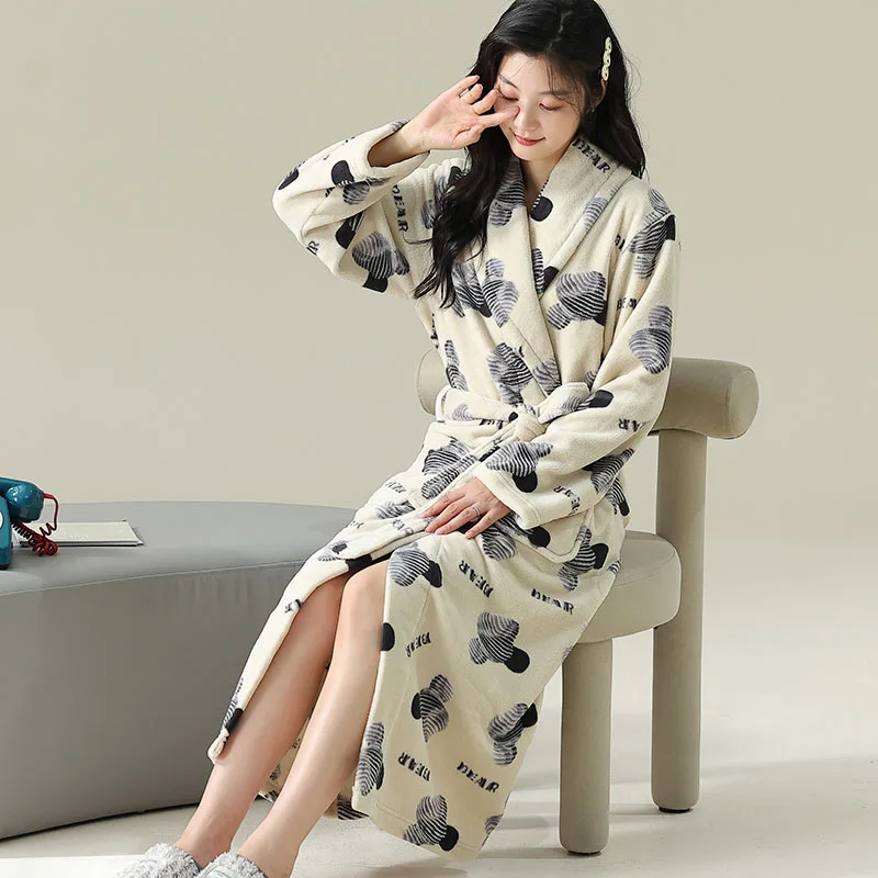 Coral Fleece Kimono Bathrobe Women Winter Thick Keep Warm Casual Flannel Long Robe Sleepwear Plush Lounge Nightgown Loungewear