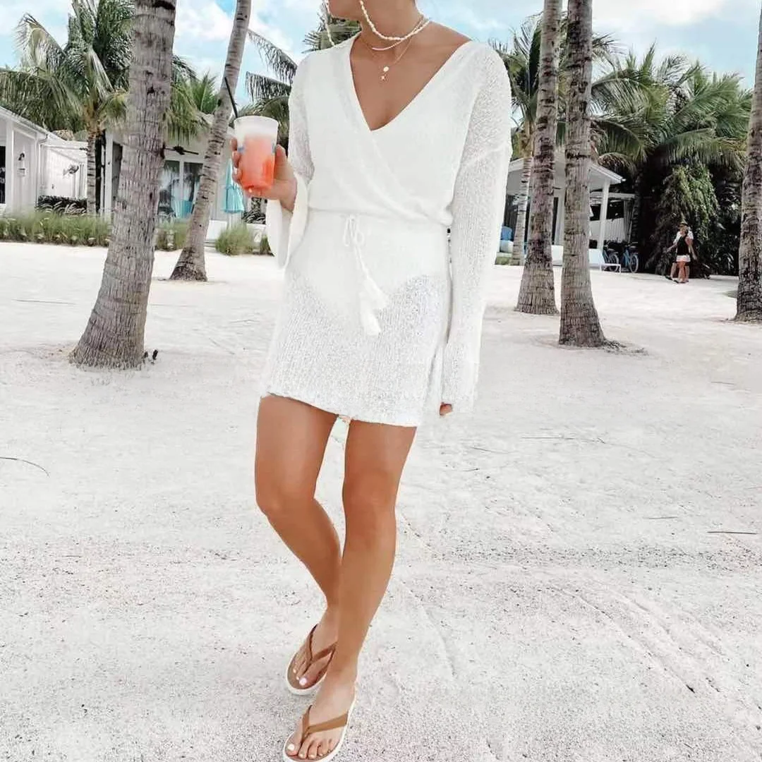 

Sexy V-Ne Beach Cover Knitted Sweater Swimwear Top Beach Holiday Cotton Nylon Fabric Commute Sle Seven Sve Length