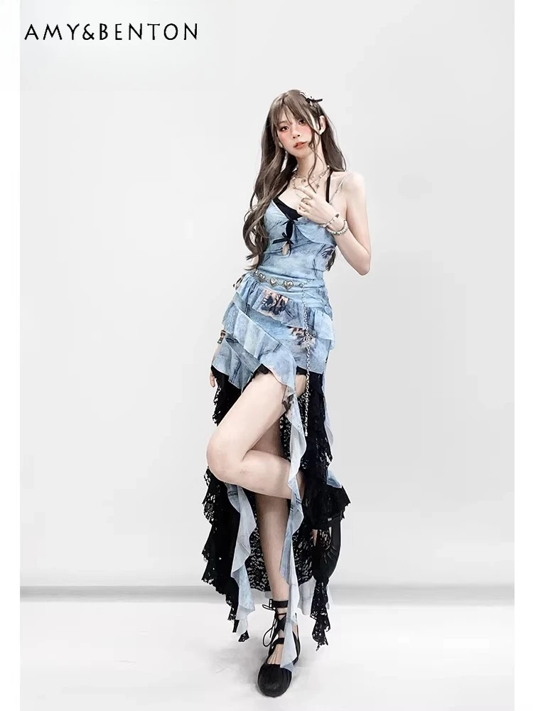 

Summer Sheer Irregular Blue Short Strap Dress Hot Girl Y2K Waist-Cinching Ruffle V-Neck Dress Black Lace Half Skirt Set
