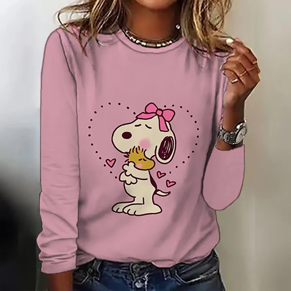 Letter &Snoopy print T-shirt, Casual Long Sleeve Crew Neck T-shirt For Spring & Summer, Women\'s Clothing