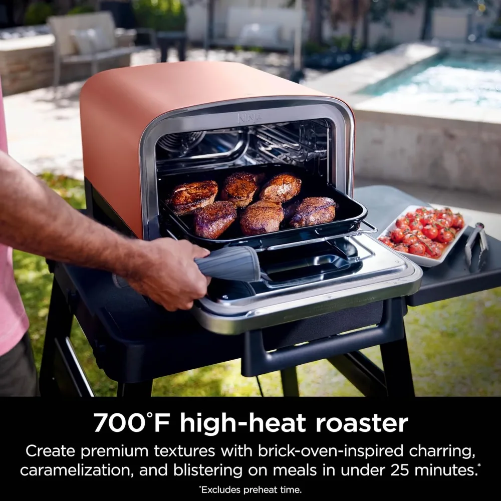 Outdoor Pizza Oven, 8-in-1 Portable Electric Roaster Oven, Heats up to 700°F, 5 Artisan Pizza Setting, Integrated BBQ Smoker Box