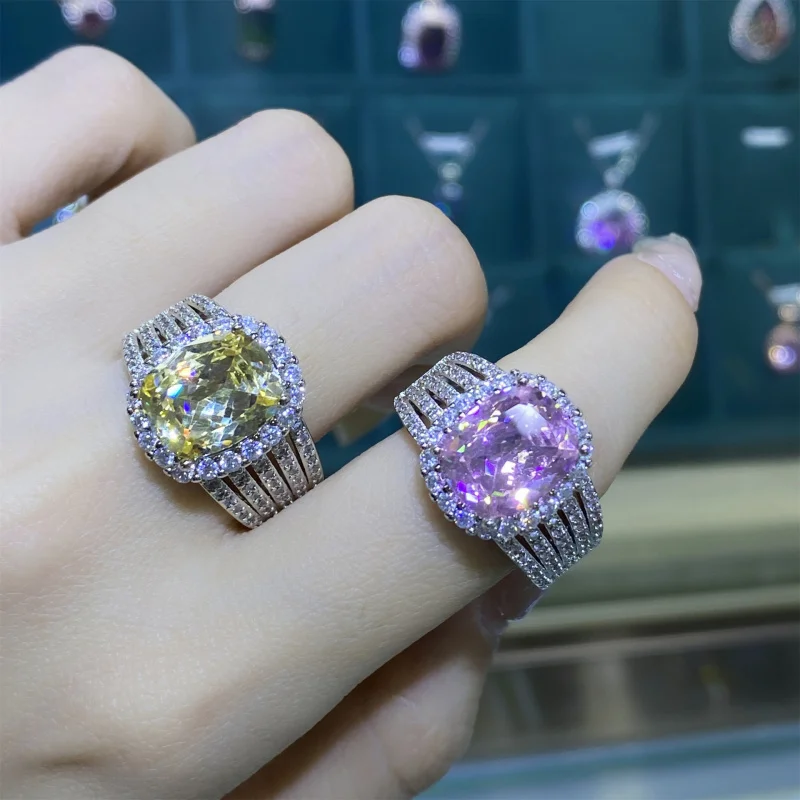 

European and American Style Luxurious Starry Sky Cut Pink Goose Yellow Zircon Full Diamond Open Ring for Women Oval Egg S