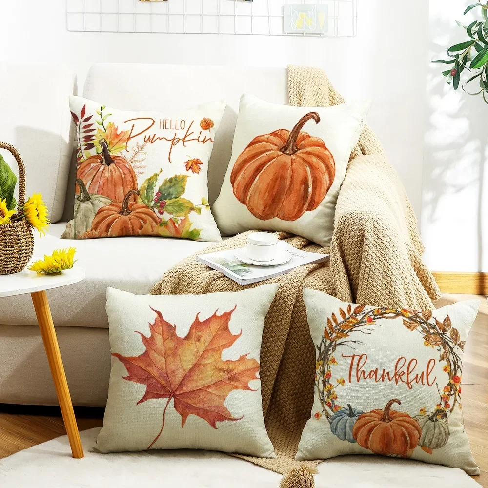 Autumn Pumpkin Maple Leaves Wreath Print Cushion Cover Thanksgiving Decorations Pillow Case Farmhouse Home Decor Pillow Cover