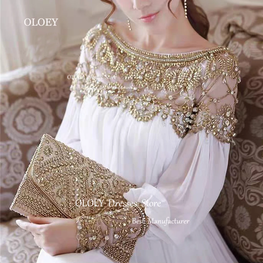 

OLOEY Exquisite White Prom Dresses Glitter Beading Chiffon Party Dresses Perform Gowns A-Line Floor Length Long Sleeves