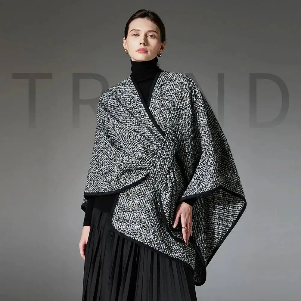 

Обновление качества, накидка из смесовой шерсти, модная длинная пончо с боковыми ремешками, элегантный женский плащ на весну, осень и зиму, верхняя одежда