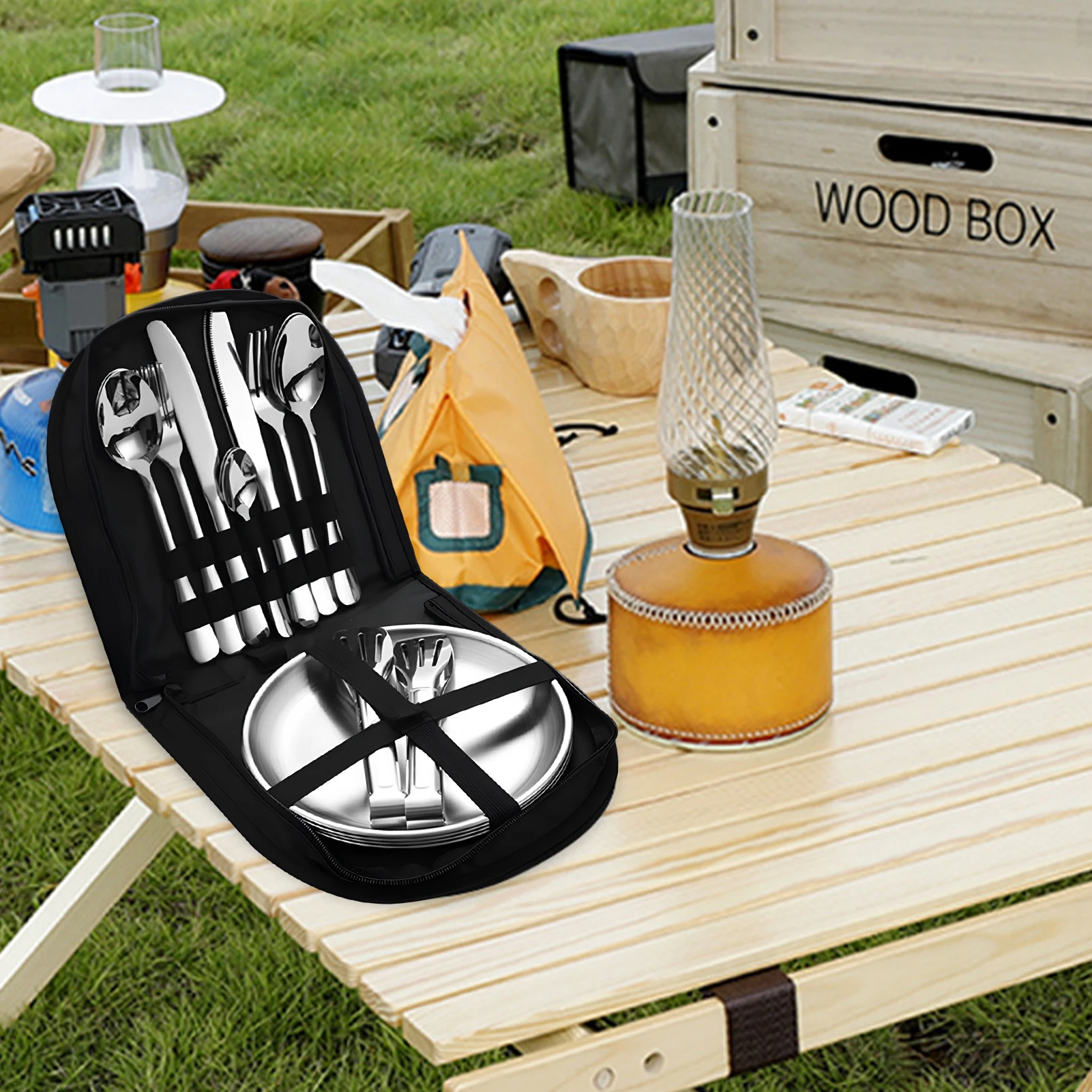 

20pcs Tableware Set With Storage Bag Durable Stainless Steel Easy Cleaning Spoon Fork Knife Kit Camping Picnic BBQ Kitchenwares