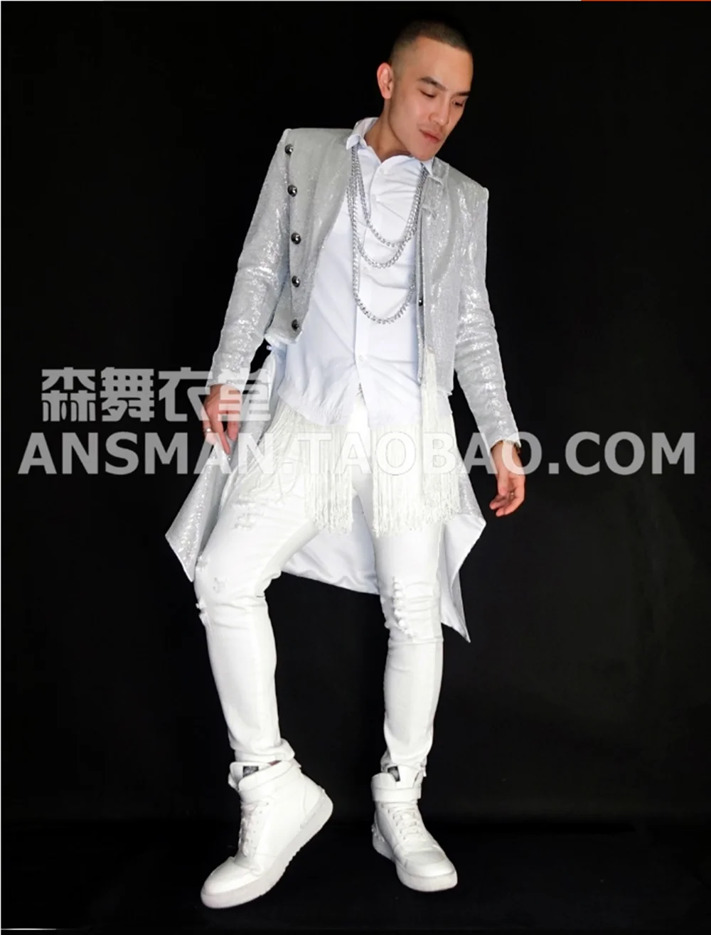 New Nightclub Bar DJ Singer Silver Super Sparkling Long Detachable Fashion Suit Coat Unloading Men's Casual Performance Shirt