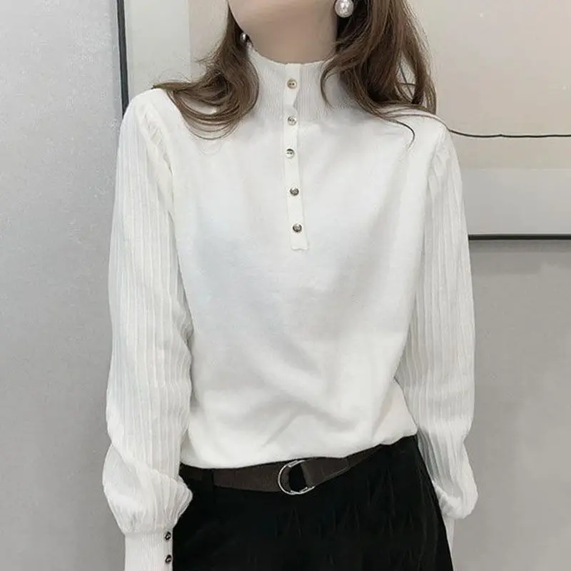 2023 Autumn Winter Solid Color Stylish Button Half High Collar Jumpers Female Clothing Commute Basic Korean All-match Sweaters