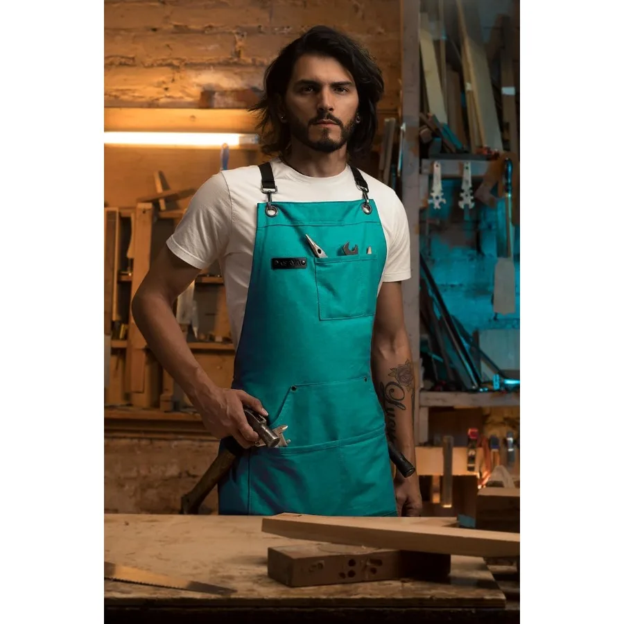 내구성 있는 10온스 면 캔버스 소재의 셰프 및 바베큐 앞치마 (내장 병따개 및 핸드 타올 수납 기능, 강화된 크로스 백 스트랩 포함)