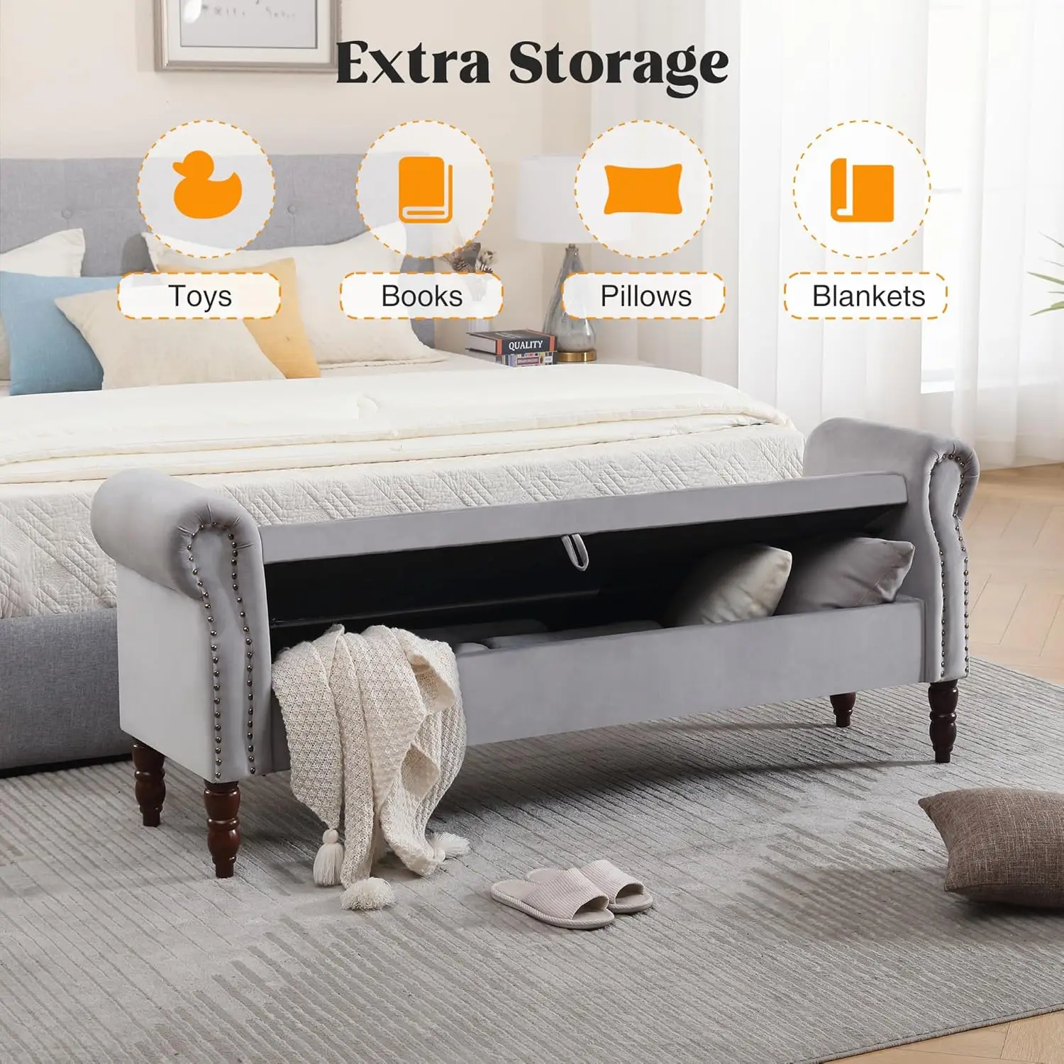 'King Size End of Bed Storage Bench, Velvet Upholstered Tufted with Arms, Grey'