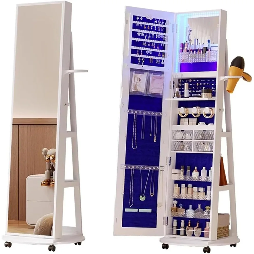 

360° Swivel Jewelry Aromire, Lockable Jewelry Cabinet Organizer, Rotatable Standing Full Length Mirror with Storage, Inside Make