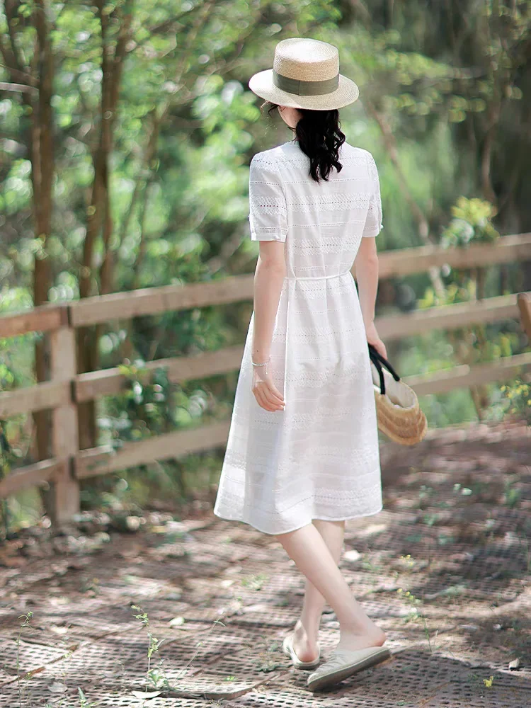 White Cotton Summer Dress Women Elegant Hollow Out Embroidery O-neck Short Sleeve Slim Waist Casual Dresses Vestidos Robe Femme