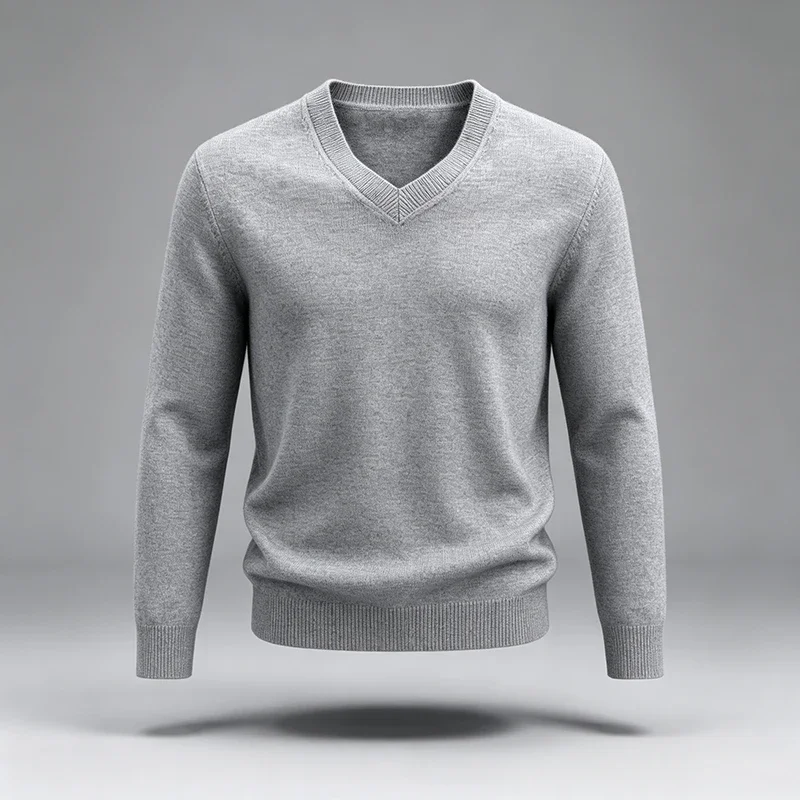 Men V Neck Knit Sweater Long Sleeve Soft Fine Knit Fabric Slim Fit Autumn Winter Casual Warm Pullover Tops