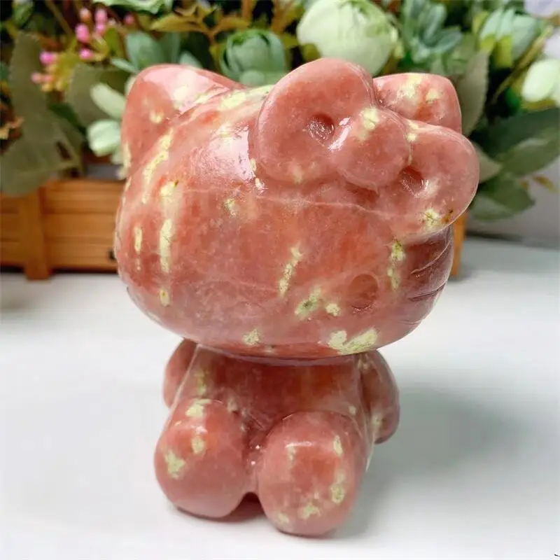 

Natural Peach Blossom Tourmaline Crystal KT Cat Statue Carving Cartoon Animal Healing Holiday Crafts Gift 1pcs