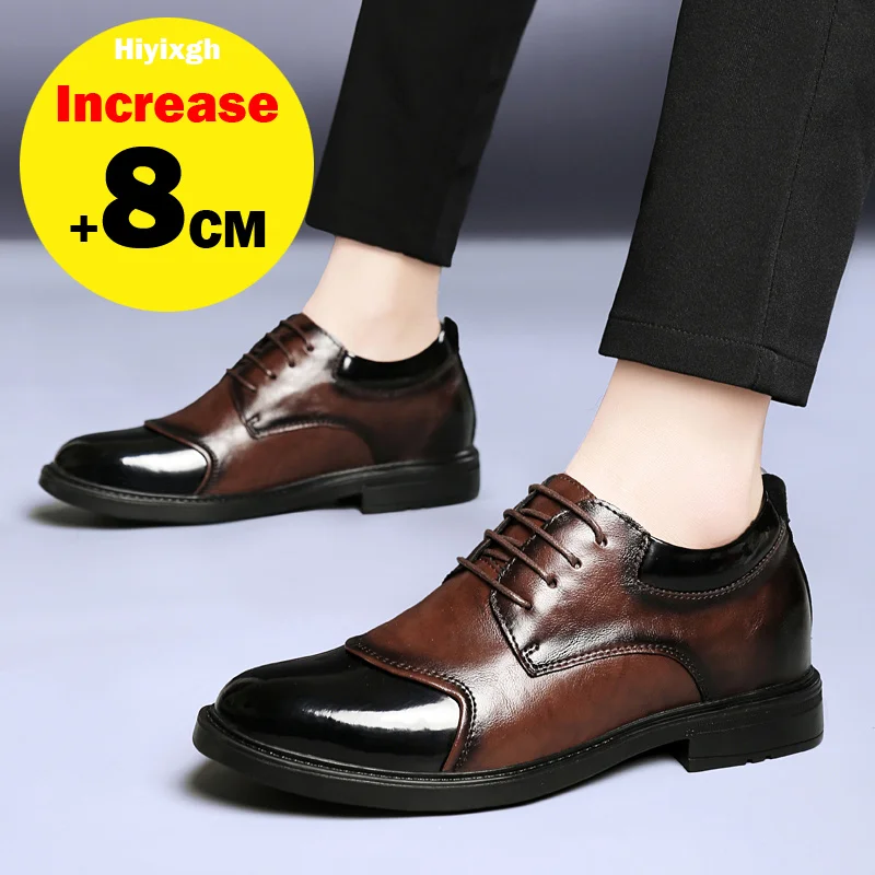 Men 6CM Hidden Height Increase Elevator Shoes Patent Splicing Leather Lace Up Plus Size Business Wedding Party Office Shoes