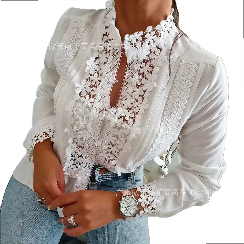 New Women White Lace Floral Patchwork Long Sleeve Blouse Tops Spring Summer Shirts 5
