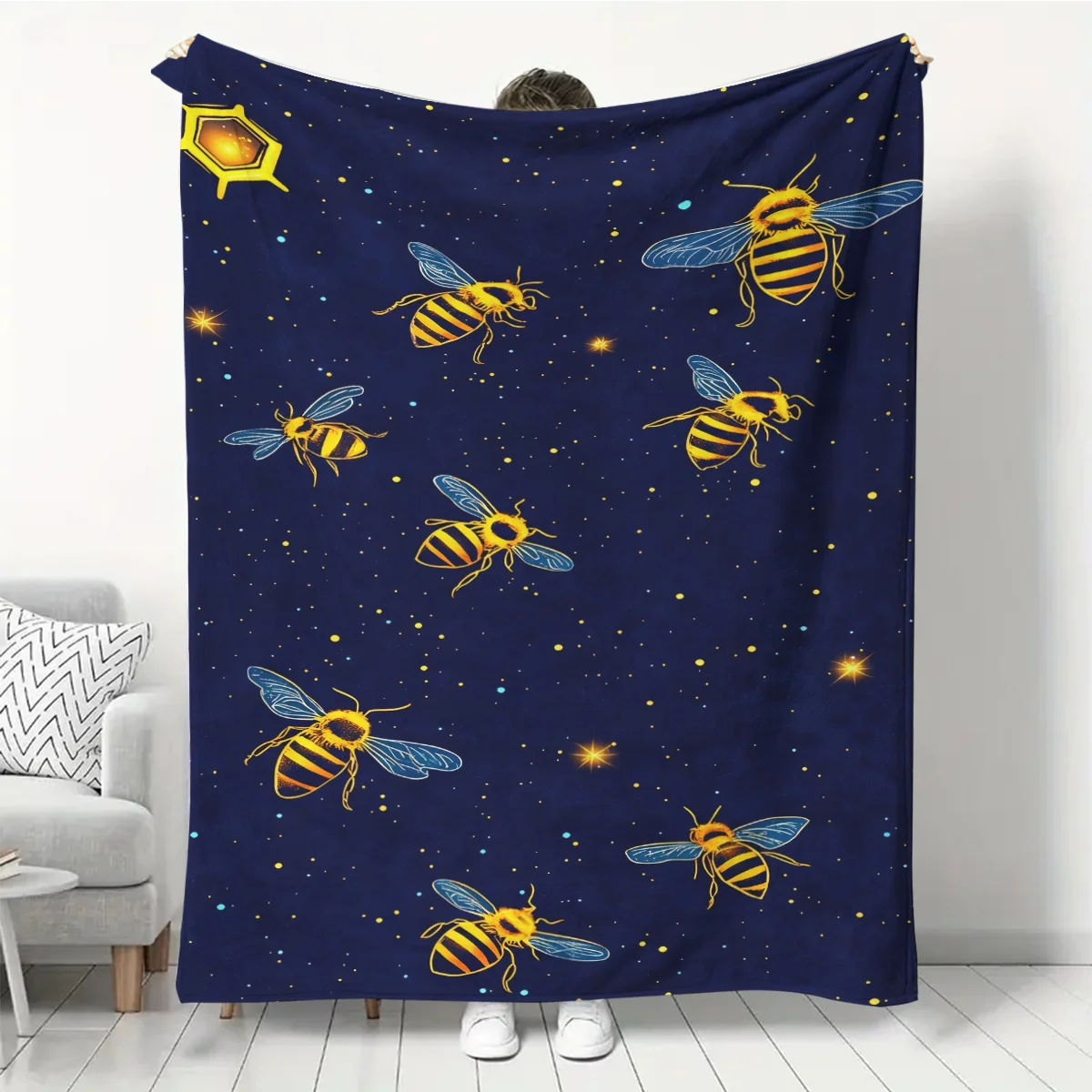 1pc Little Bee Flannel-like Throw Blanket - Soft Polyester All-Season Couch Bedspread, Navy Blue & Yellow Bee Pattern - Compact