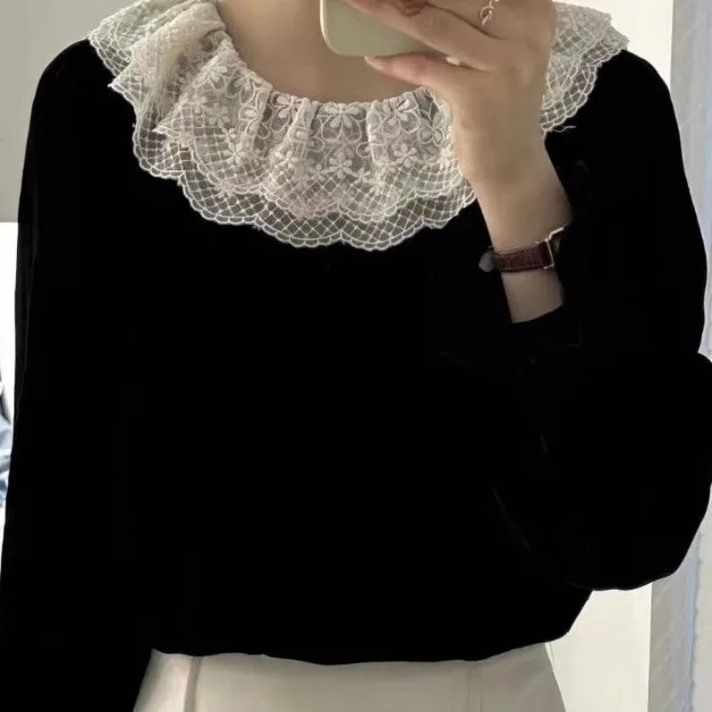 OCEANLOVE Peter Pan Collar Blouses Women Tops Lace Ruffles Korean Fashion Chic Blusas Mujer Spring Autumn Vintage Shirts